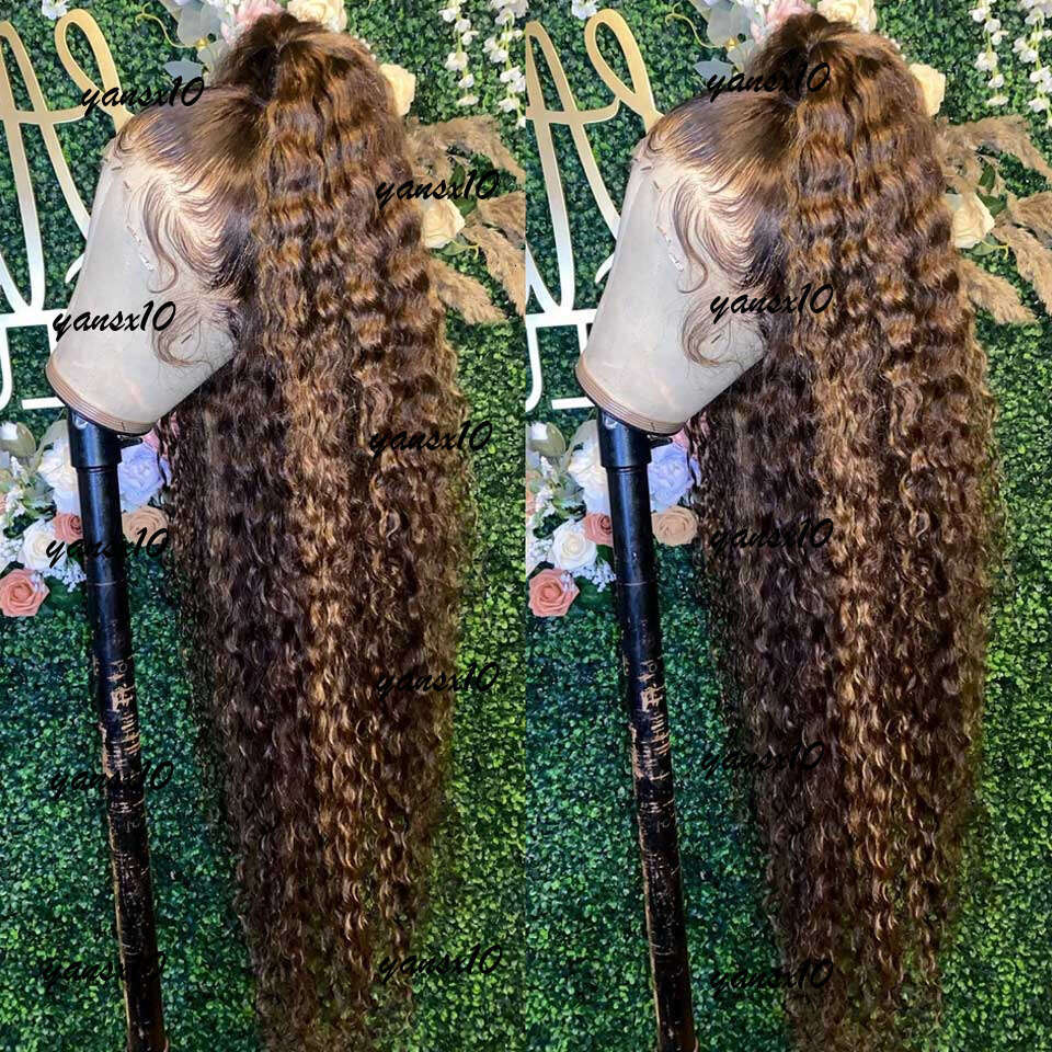 Long Brazilian Highlight Human Hair Ombre Colored Curly Front Wig Honey Blonde Hd Deep Wave Lace Frontal WigsSyynthetic