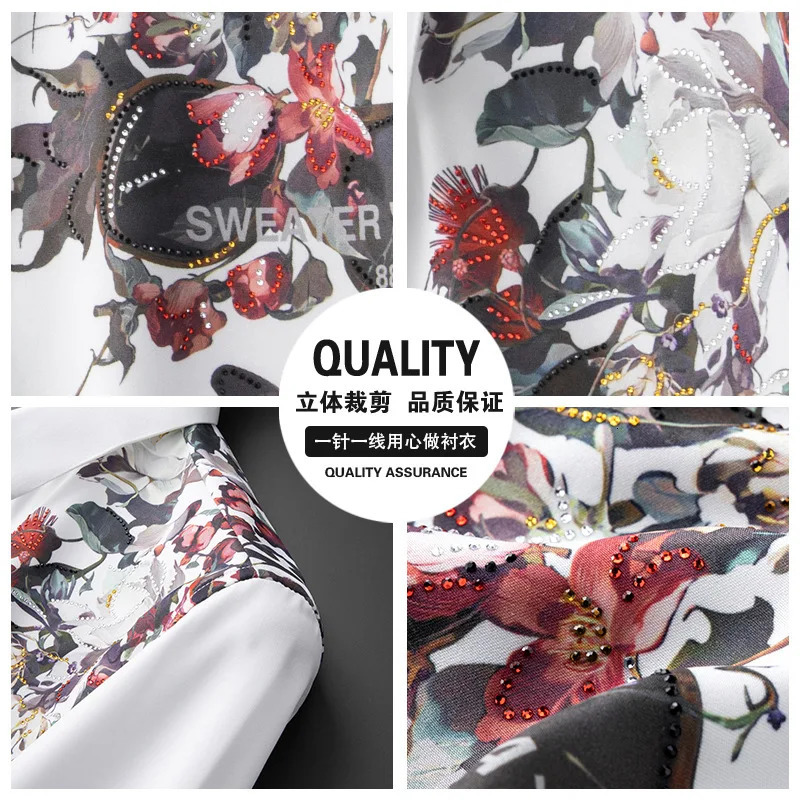 Spring Flower Rhinestone Shirts Men Slim Fit Casual Shirts Long Sleeve Business Dress Shirts Streetwear Social Party Tuxedo 250829