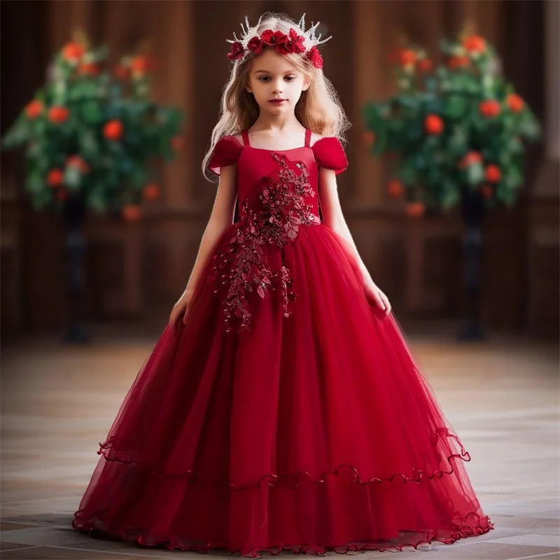 Teenagers Girls Wedding Flower Dresses For Kids Evening Princess Tutu Elegant Long Prom Gown Children Bridesmaid Formal Clothes 250829