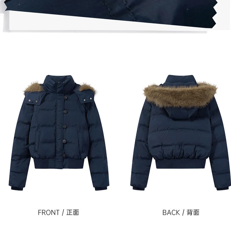 South District Fiona Womens Winter Jacket Navy Blue Cotton Short down Coat with Detachable Hood And Fur Collar 250829