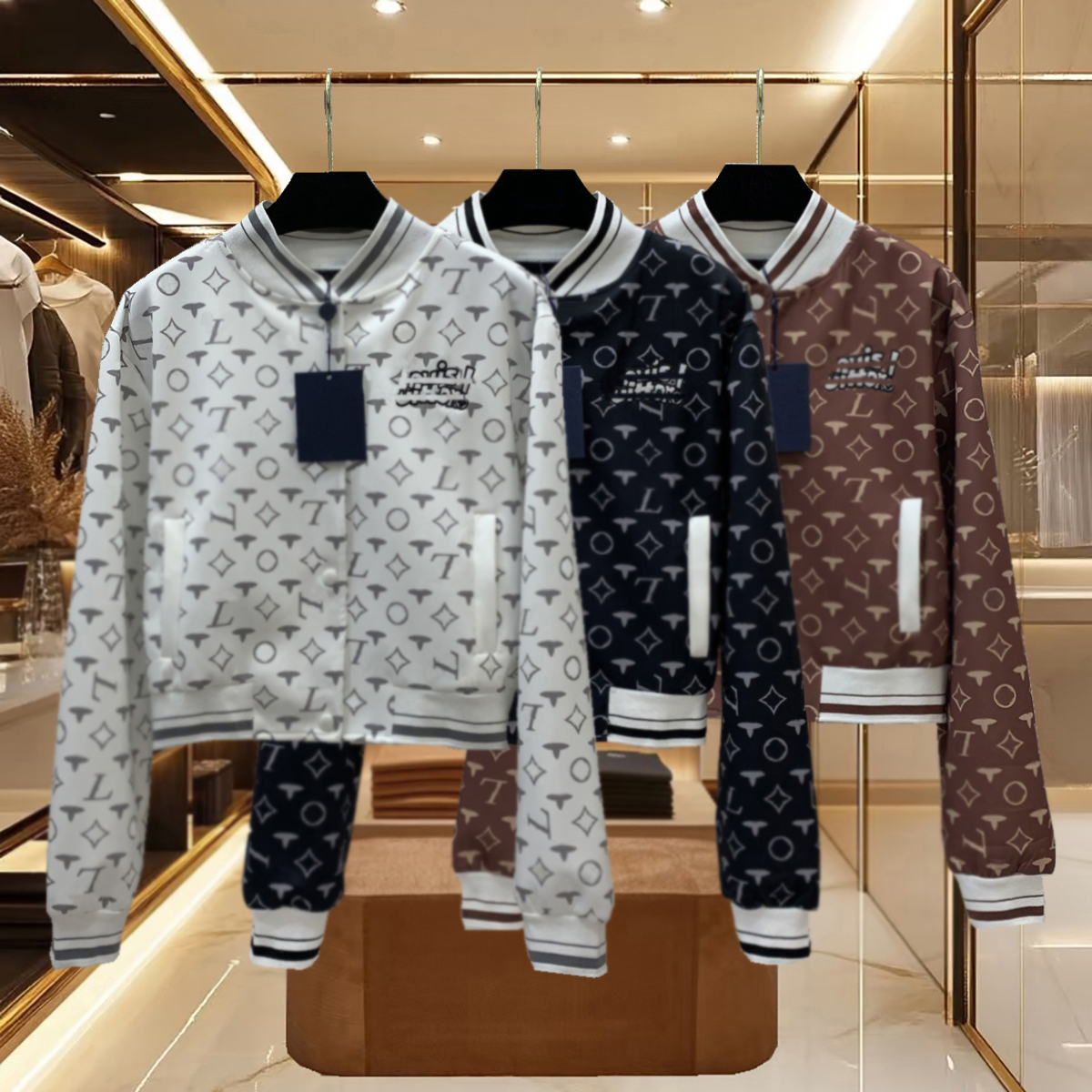 Women's high-quality designer women's jacket with embroidered letters and logos on the chest, covered in floral short tops, standing collar jackets, long sleeves