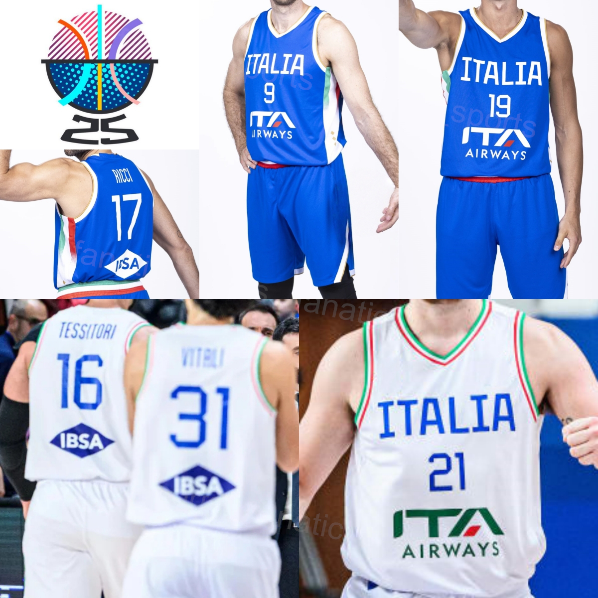 Printed Italy Basketball Italia Jersey 2025 EuroBasket 54 Alessandro Pajola 33 Marco Spissu 19 Gabriel Procida 20 Saliou Niang 8 Danilo Gallinari Darius Thompson