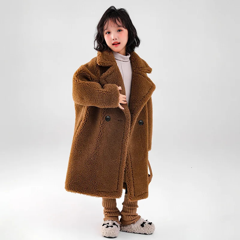 Winter Children Girls Trench Coat Fleece Warm Thicken Junior Girl Faux Fur Over Coat Turn Down Collar Integrated Midlength Coat 250829