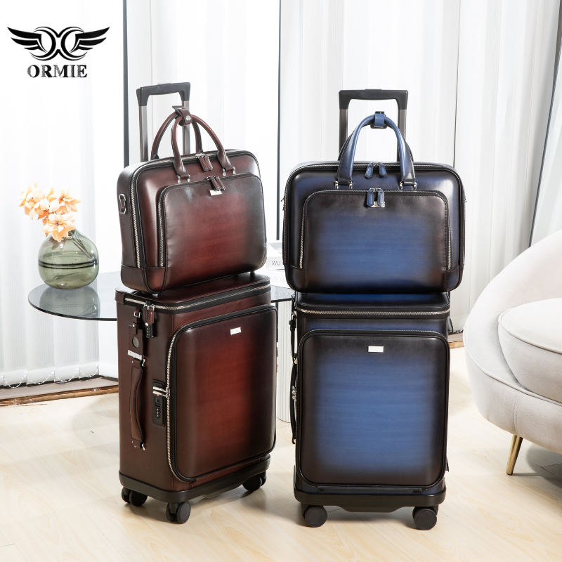 A new cross-border leather suitcase for men, a 20-inch multi-functional travel case with a front opening and a handle for business trips