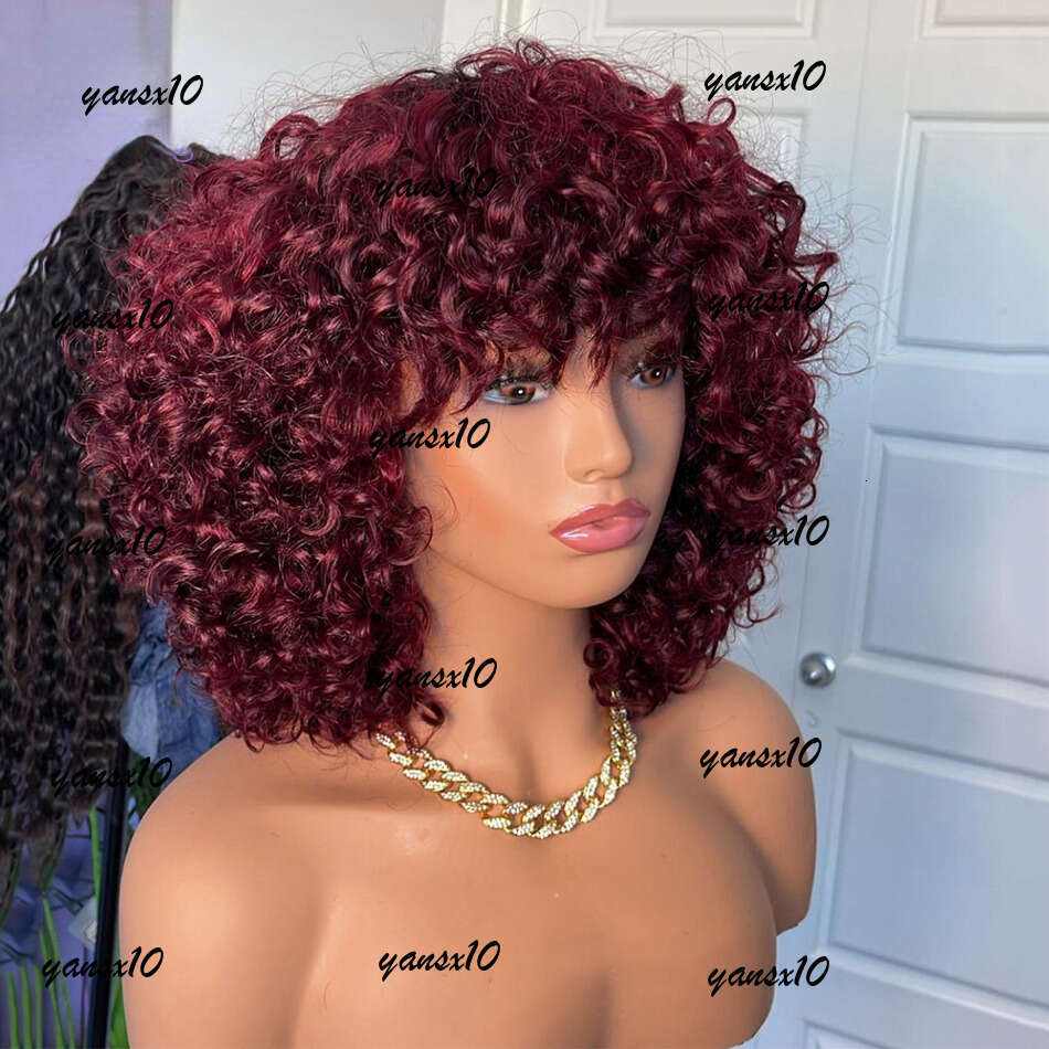 Jerry Curly Human Hair with Bangs None Full Lace Frontal Bury Red /Black /blonde Colored Wigs for Women Short Bob Wig