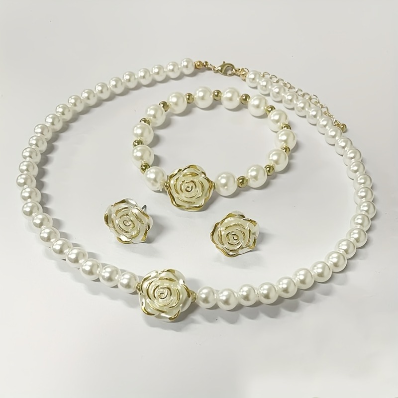 2 stud earrings + 1 necklace + 1 bracelet, fashionable and personalized style, imitation pearl camellia style, women's jewelry set, suitable for 
