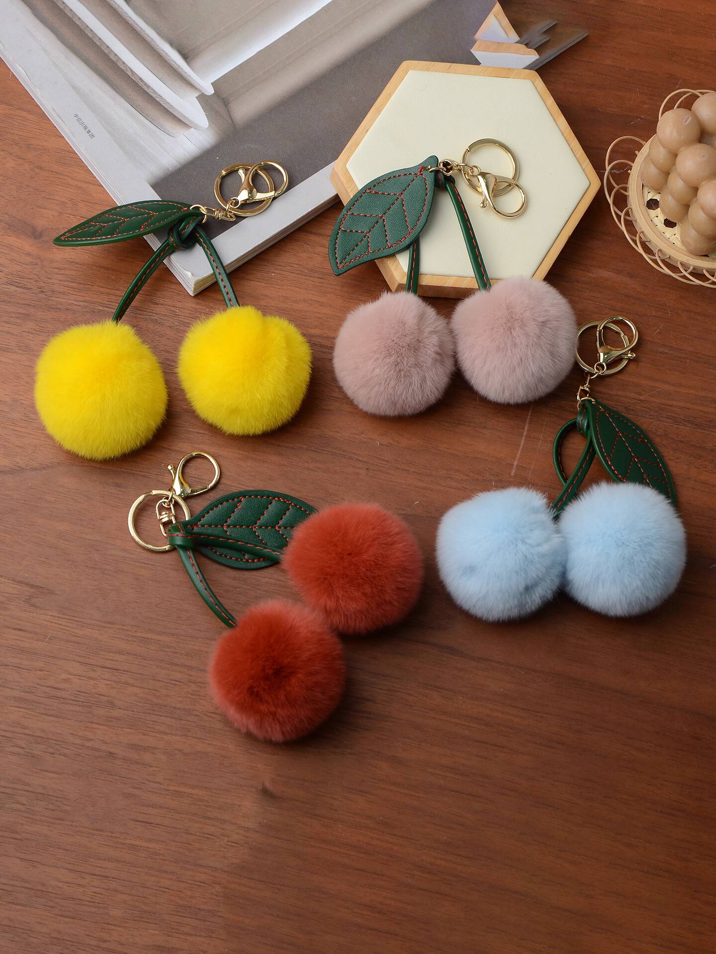 fur small cherry car key ring real rex rabbit hair
