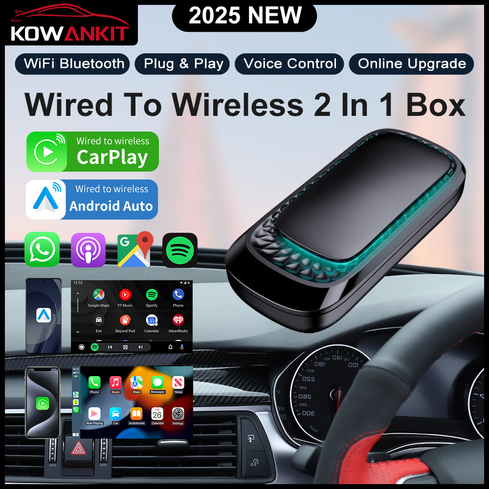 KOWANKIT Wireless CarPlay Android Auto Ai Box, Plug & Play Dongle Converts Wired To Wireless, Vehicle Multimedia Upgrade, 2in1 Car Accessories, No Del