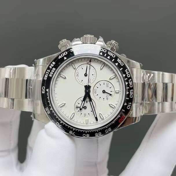 Designer Style Three-eye Chronograph Sports with Black White Stainless Steel Bezel and Waterproof Mechanical Watch