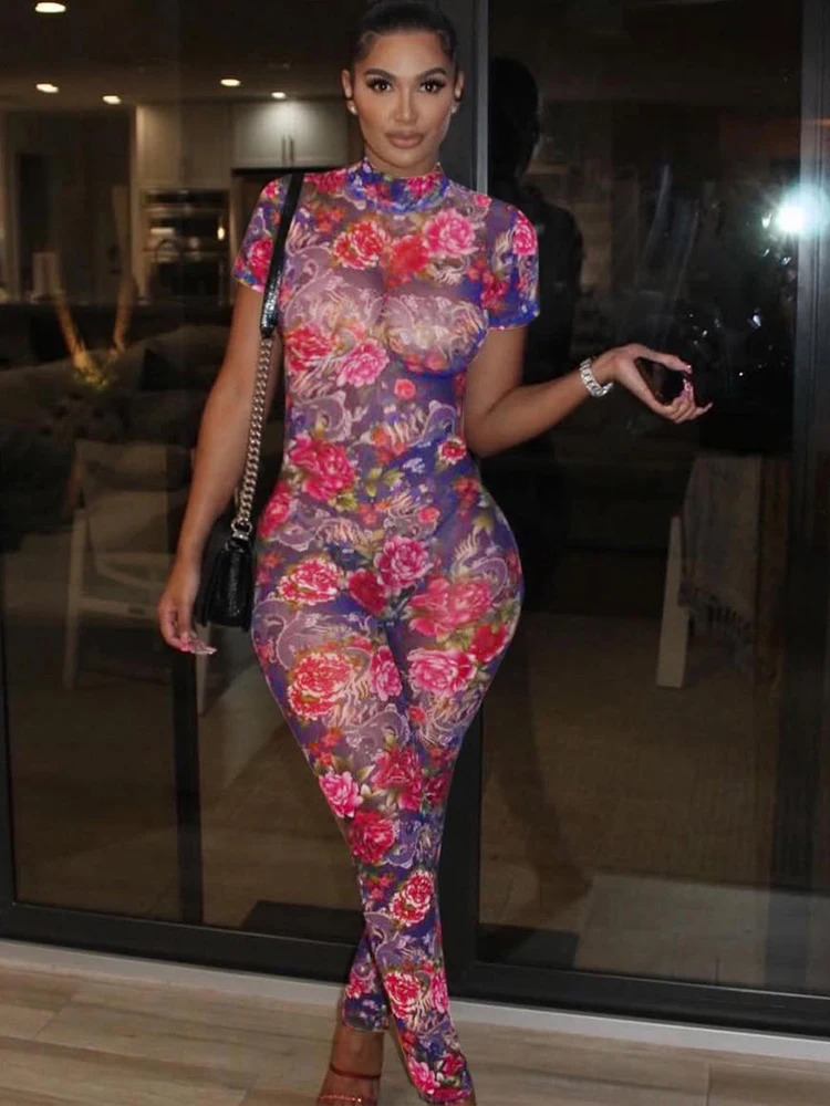 kliou Aesthetic Printed Women Jumpsuits Fashion Sexy Panelled Short Sleeve Backless Stand Collar Slim Overalls Mujer Clubwear 250829