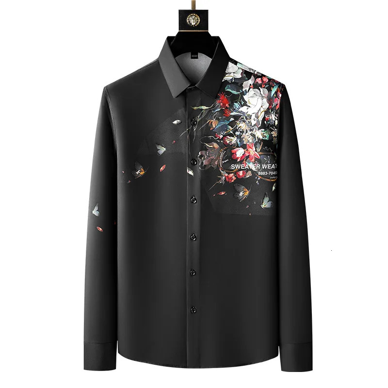 Spring Flower Rhinestone Shirts Men Slim Fit Casual Shirts Long Sleeve Business Dress Shirts Streetwear Social Party Tuxedo 250829