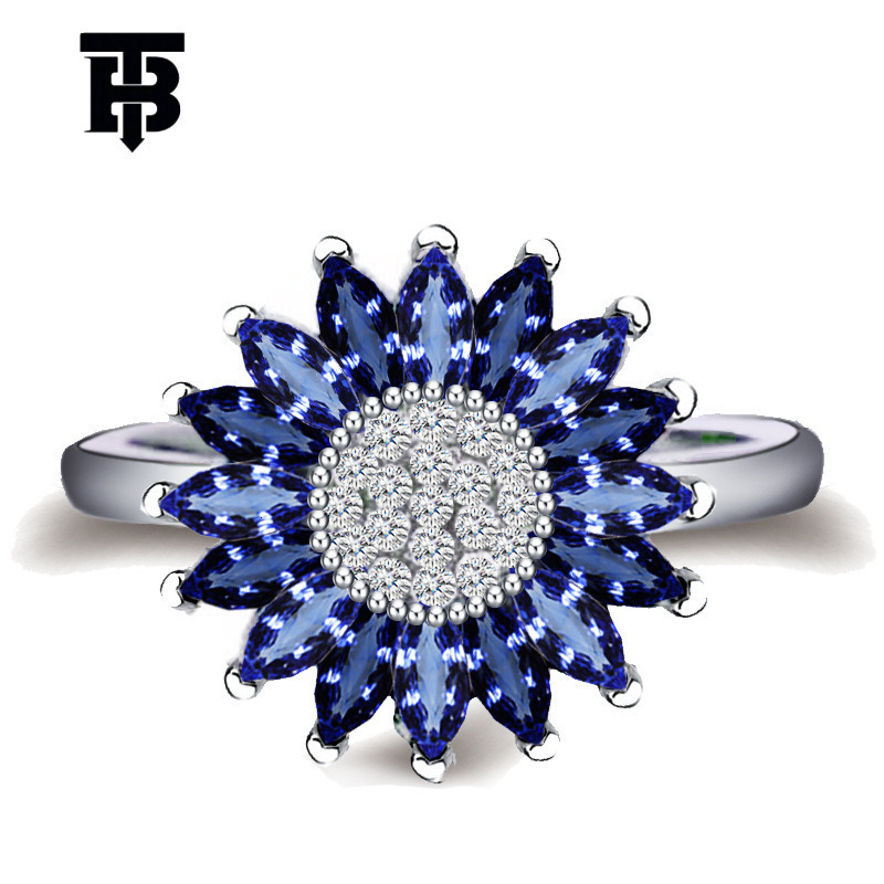 Free Shipping For New Designer Accessories Wish New Hot Sale Blue Diamond Sunflower Ring European And American Creative Retro Ring Jewelry For Women