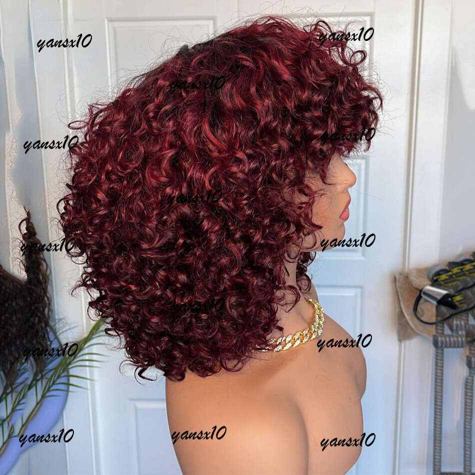 Jerry Curly Human Hair with Bangs None Full Lace Frontal Bury Red /Black /blonde Colored Wigs for Women Short Bob Wig