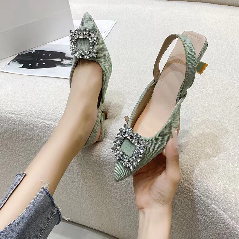 Premium French Designer Chunky Heel Pumps 2025 Women's Crystal Pointed Toe Ankle Strap Elegant Sandals