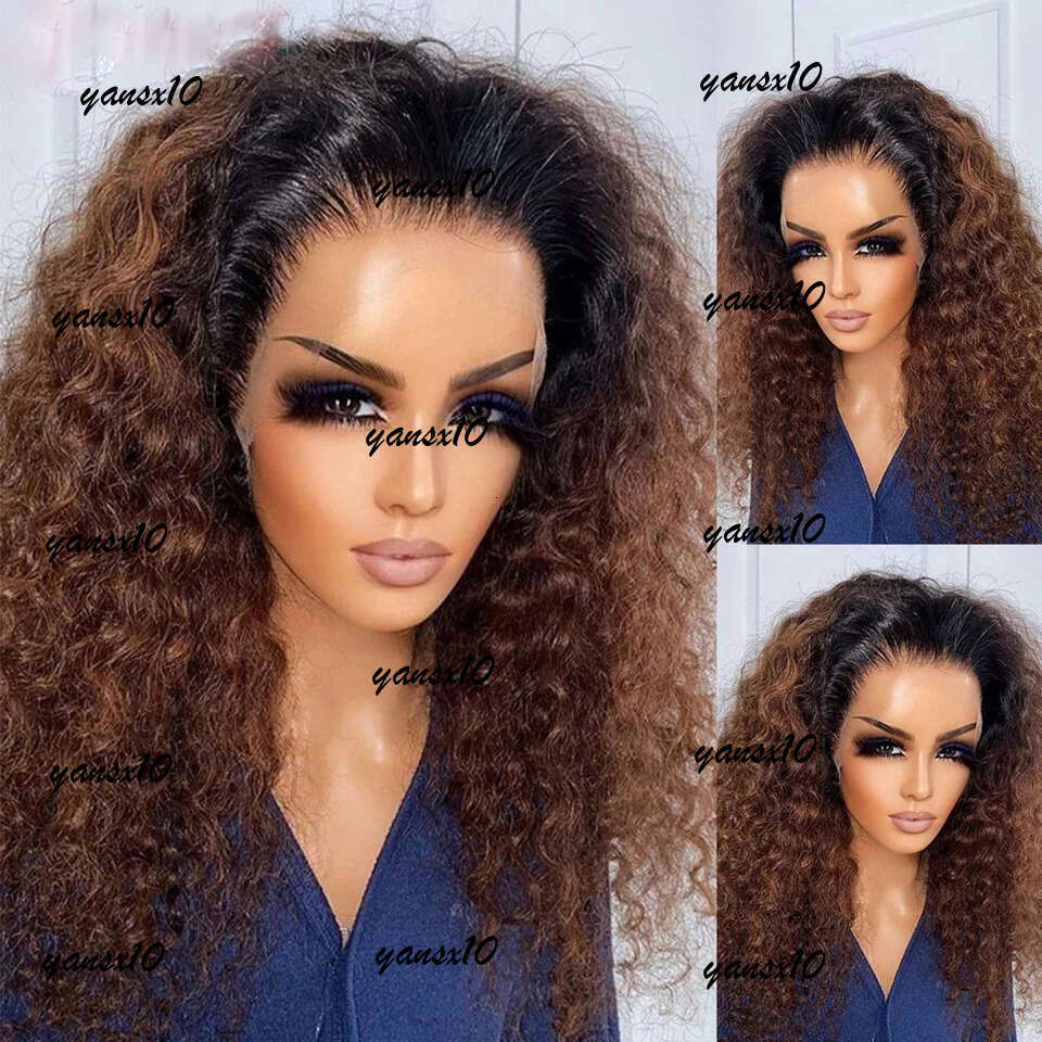 250% Density Ombre Brown Color Kinky Curly 13x4 Transparent Lace Frontal Human Hair Wigs Glueless Indian Remy Synthetic Closure Wig for Black Women