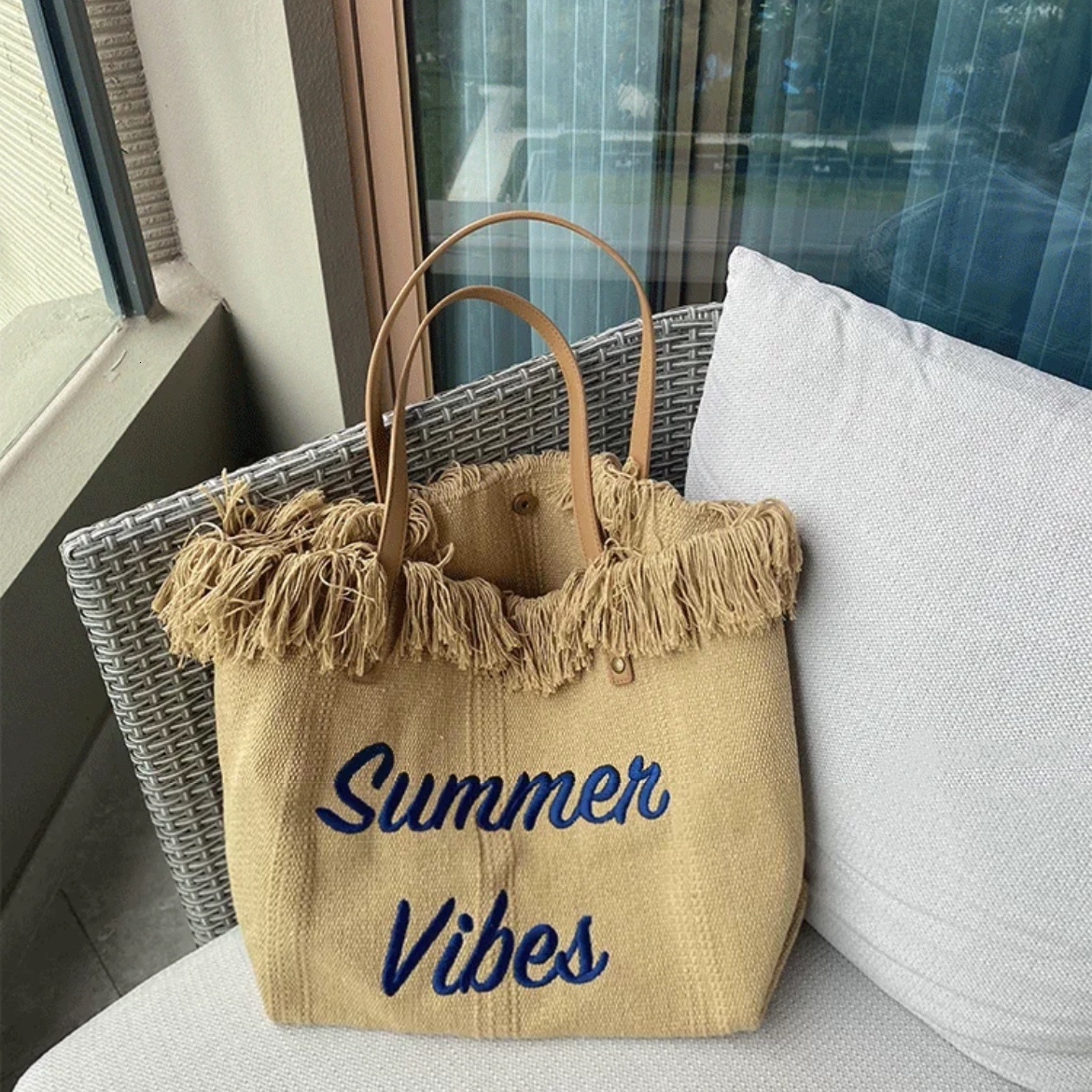 bag 2025 autumn new large capacity simple niche canvas bag embroidered letter tote bag women's woven beach bag designer shoulder bag