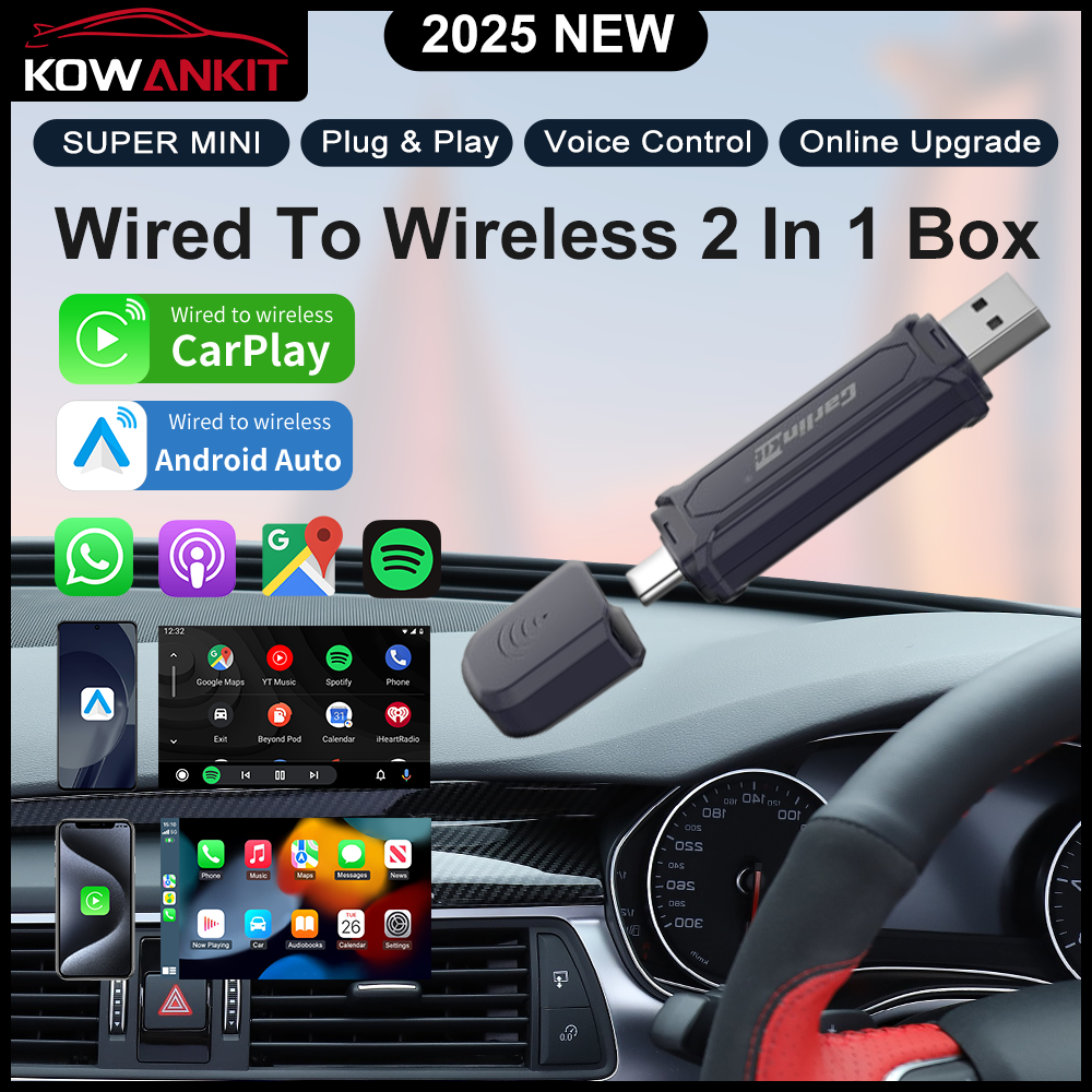 KOWANKIT Wireless CarPlay Android Auto Ai Box, Plug & Play Dongle Converts Wired To Wireless, 2in1 Car Accessories, No Delay, U2W Mini5 PRO