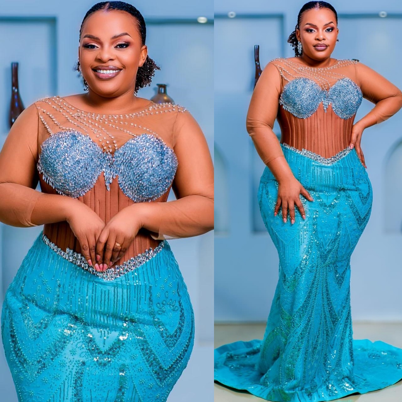 Aso Ebi Cerulean Blue Mermaid Prom Dress 2025 Beaded Crystals Sheer neck Evening Formal Party Birthday Dresses Robe De Sorrie Reception Gowns For Spec