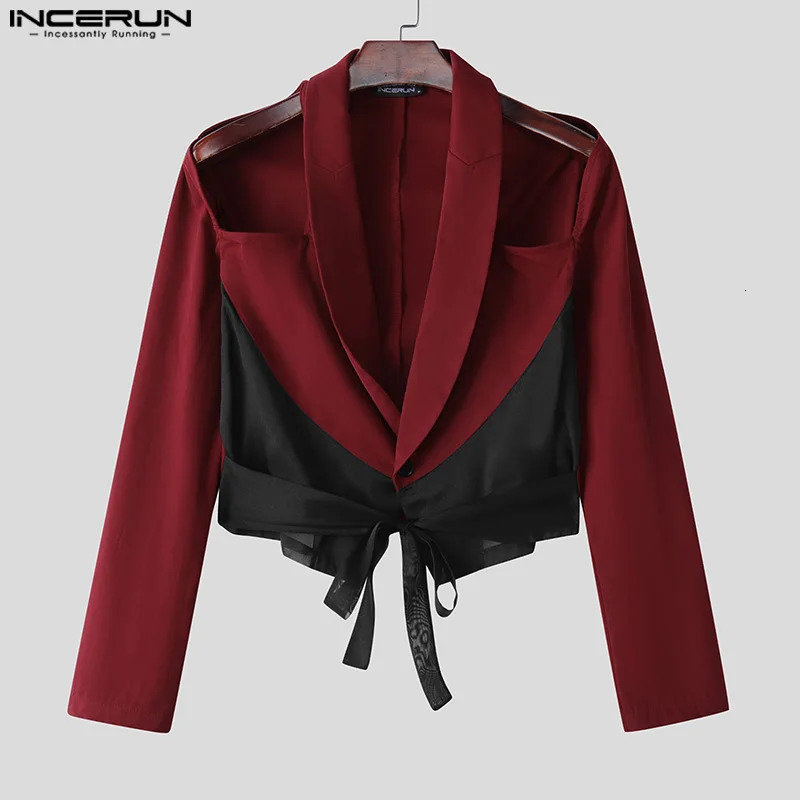 INCERUN Tops American Style Fashion Mens Hollow Patchwork Lace n Suit Casual Personality Cropped Long Sleeved Blazer 250829