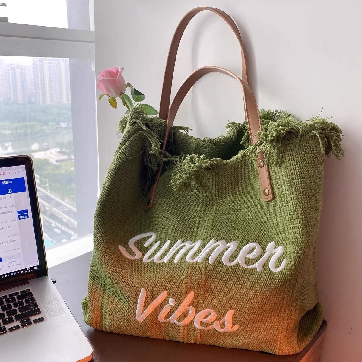 bag 2025 autumn new large capacity simple niche canvas bag embroidered letter tote bag women's woven beach bag designer shoulder bag