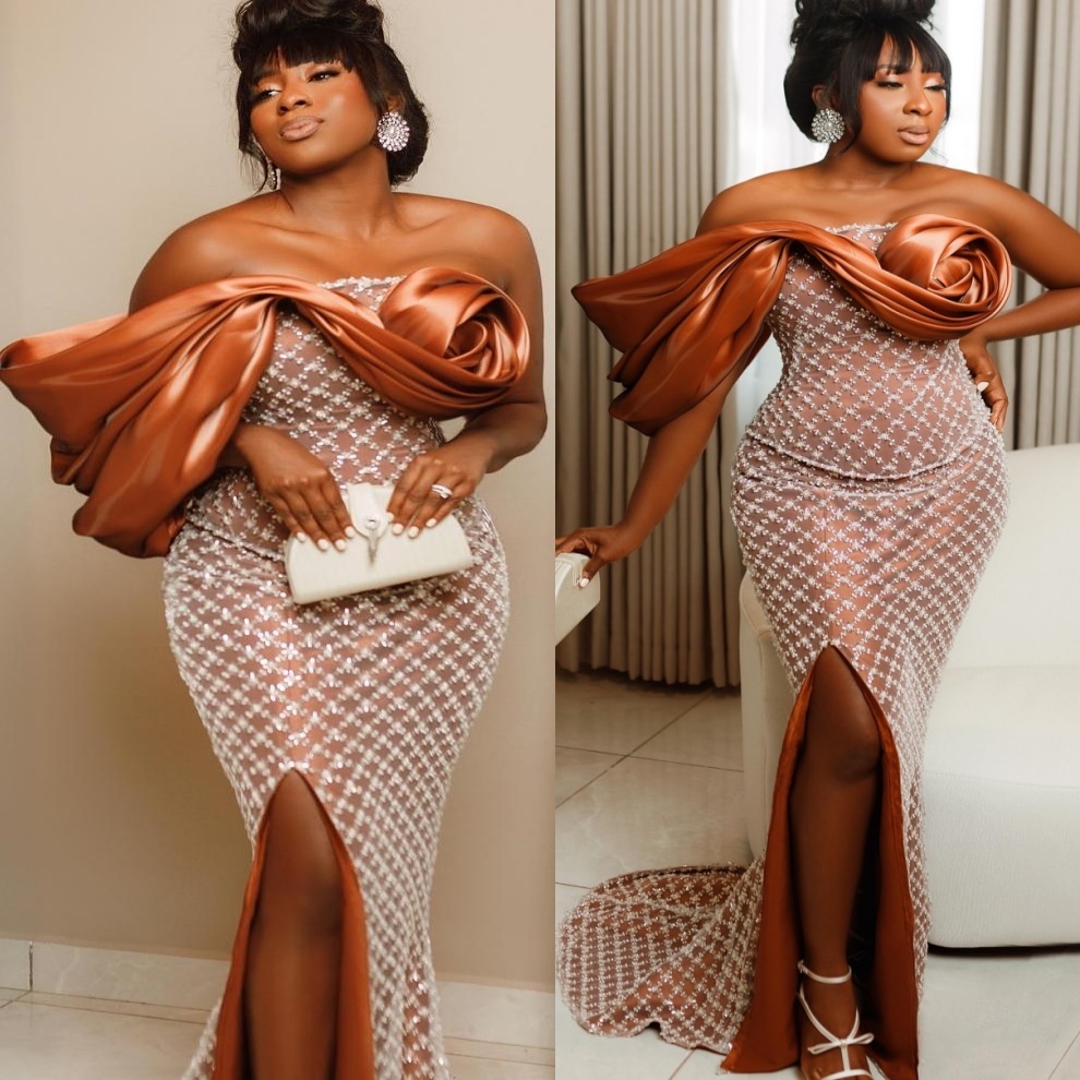 Aso Ebi Smoky Umber Mermaid Prom Dress 2025 Sequined High Split Stylish Evening Formal Party Birthday Dresses Robe De Sorrie Reception Gowns For Speci