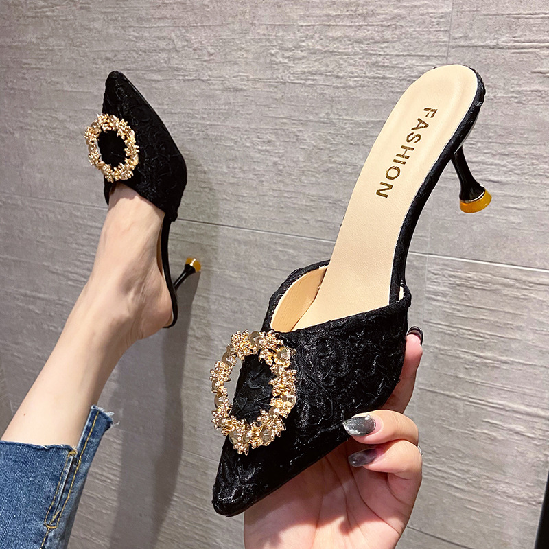 2025 New Black Women's Rhinestone High Heel Mule Sandals - French Style Pointed Toe Open Back Dress Slippers