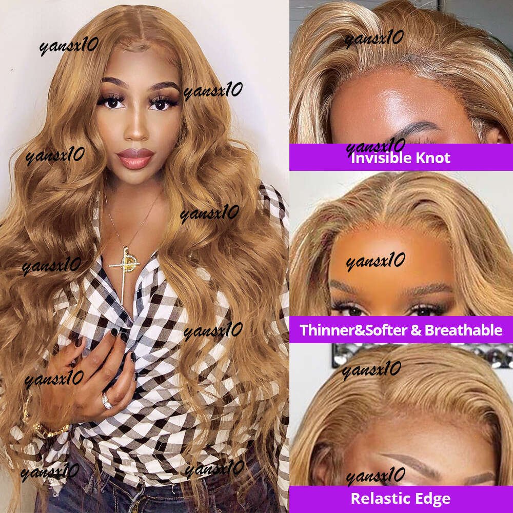Peruvian Soft Glueless Honey Blonde Body Wave 13x4 Colored Front Human Hair Wigs HD Synthetic Lace Closure Wig 250 Density