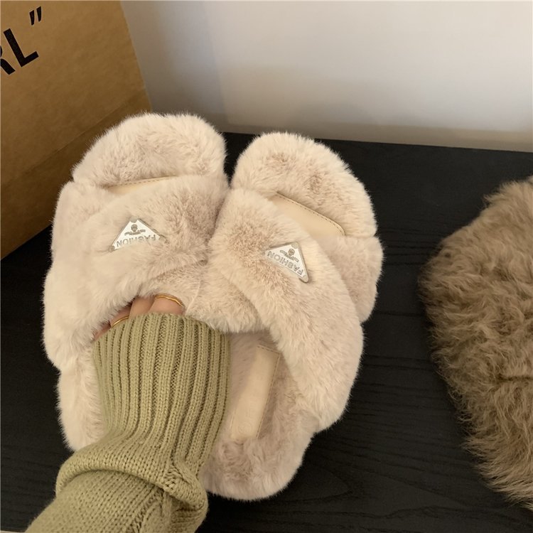 Free Shipping 2025 Fall Winter New Women Light Luxury Versatile Fluffy Slippers Outdoor Fashion Elegant Warm Cotton Slippers Apricot