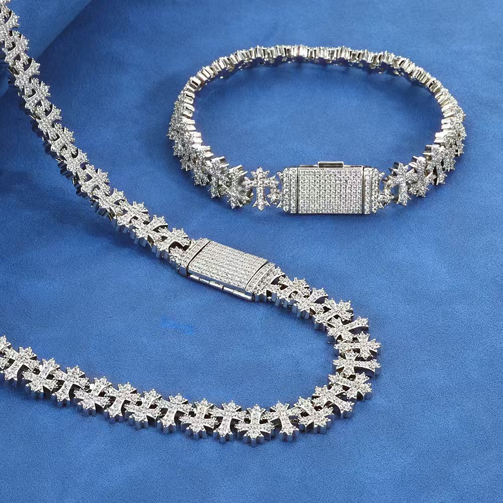 2025 New Chain, Shining Jewelry Hip Hop Rapper Style Sterling Sier 10mm Iced Out Vvs Moissanite Cross Charm Cuban Link Chain - view 5
