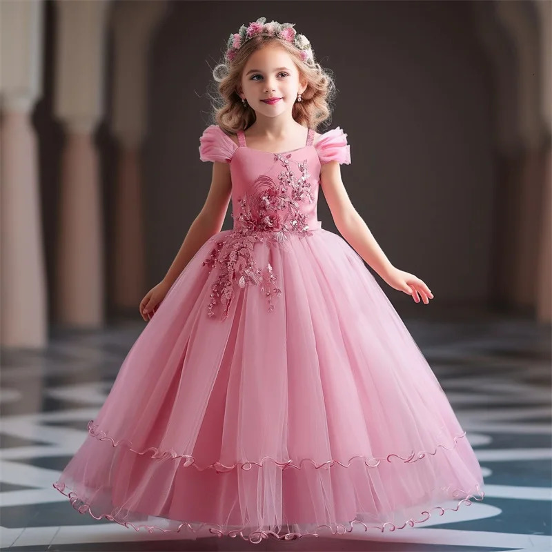 Teenagers Girls Wedding Flower Dresses For Kids Evening Princess Tutu Elegant Long Prom Gown Children Bridesmaid Formal Clothes 250829
