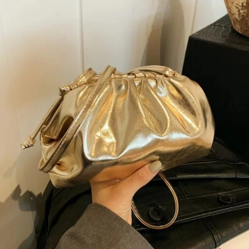 Small n Womens Soft PU Leather Gold Silver Cloud Hobo Bag Elegant Dressy Handbag Ruched Dumpling Party Clutch Purse 250829