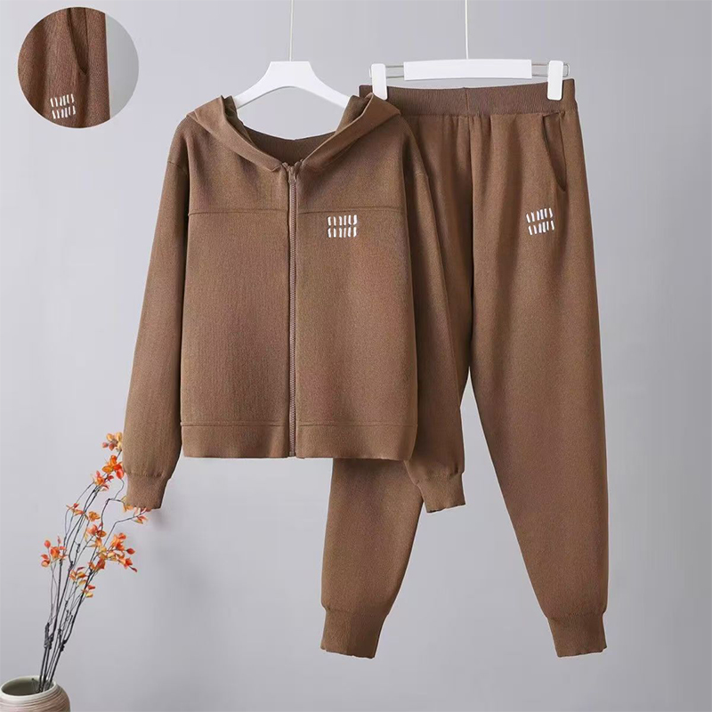 Women's sports suit womens zipper cardigan casual hooded knitted top slimming leggings two-piece set