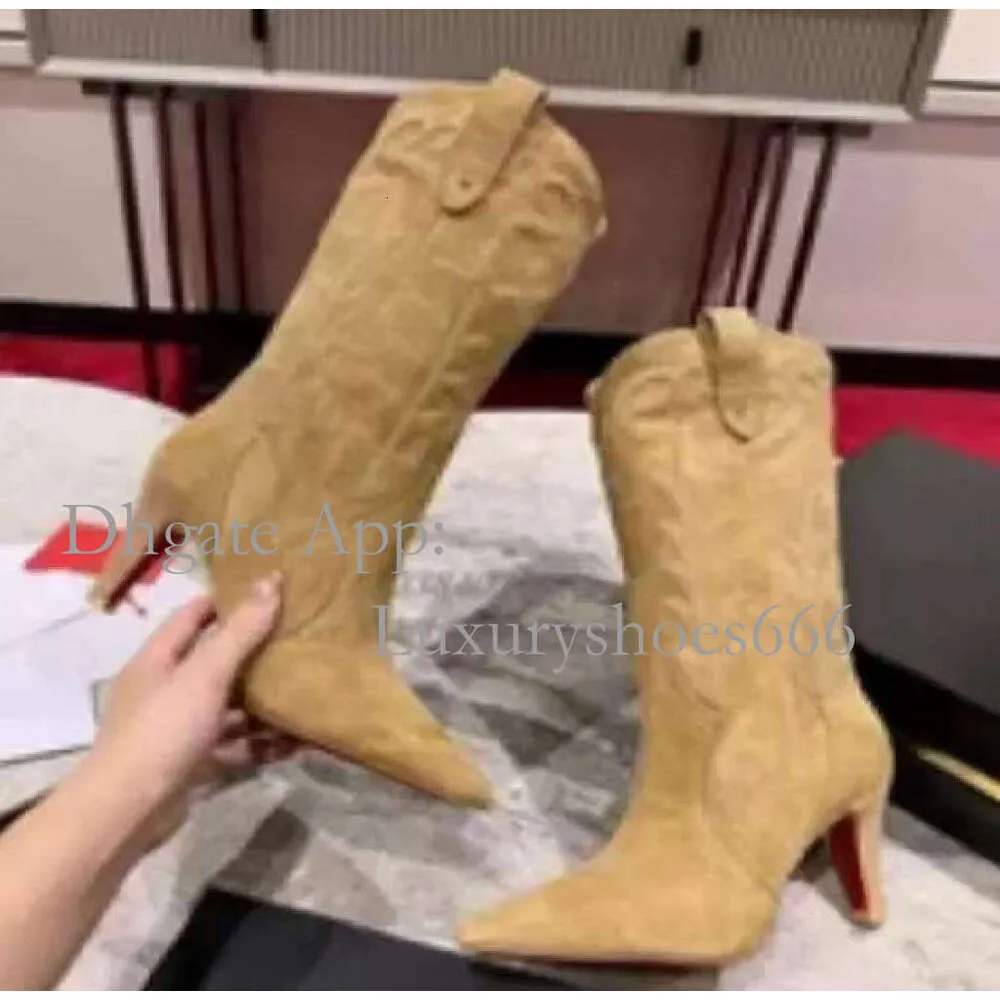 Designer women lady dress Rivet shoes Red Black khaki Shiny half Over the Knee high boots BottomBoots 8cm 10cm Stiletto Genuine suede Leather heels Boots size 35-43