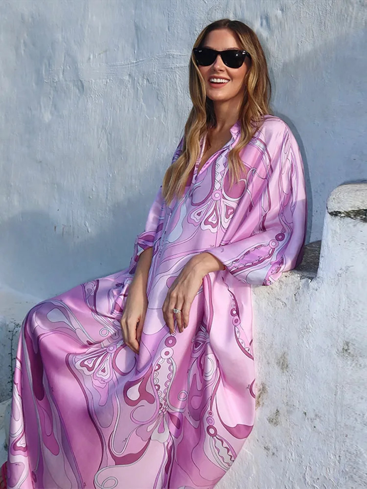 Geometric Print Satin Caftan Dress Wome Stand Collar Loose Hollow 2025 Fashion Elegant Vestido Holiday Party Vintage Robe 250829