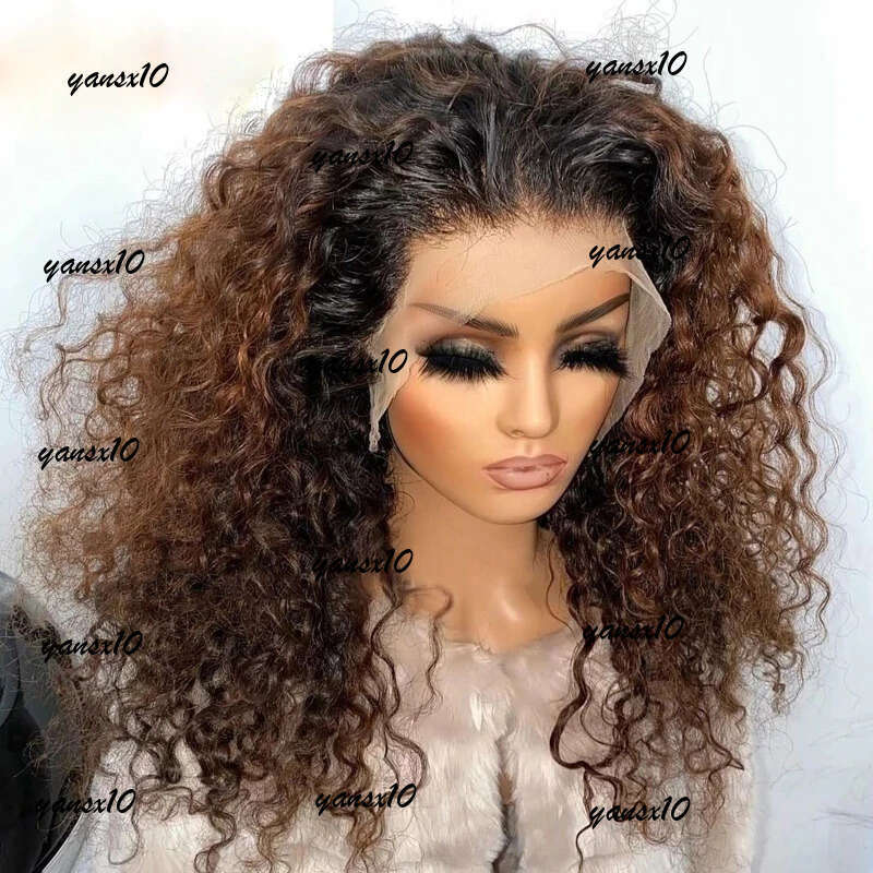 250% Density Ombre Brown Color Kinky Curly 13x4 Transparent Lace Frontal Human Hair Wigs Glueless Indian Remy Synthetic Closure Wig for Black Women