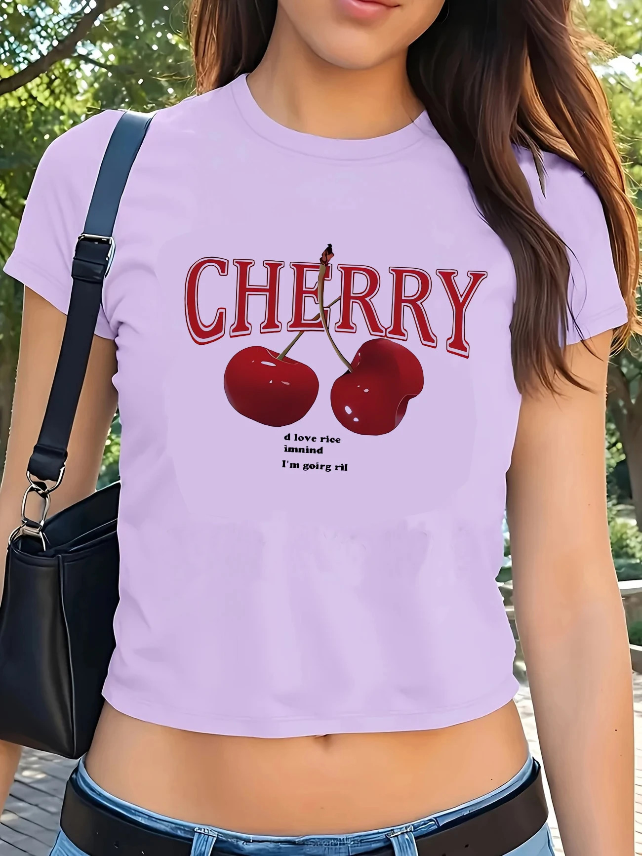 Fashion Cherry Print Crew Neck Tshirt Y2K Short Sleeve Tight Fit Crop Top Spring Summer Womens Clothing 250829