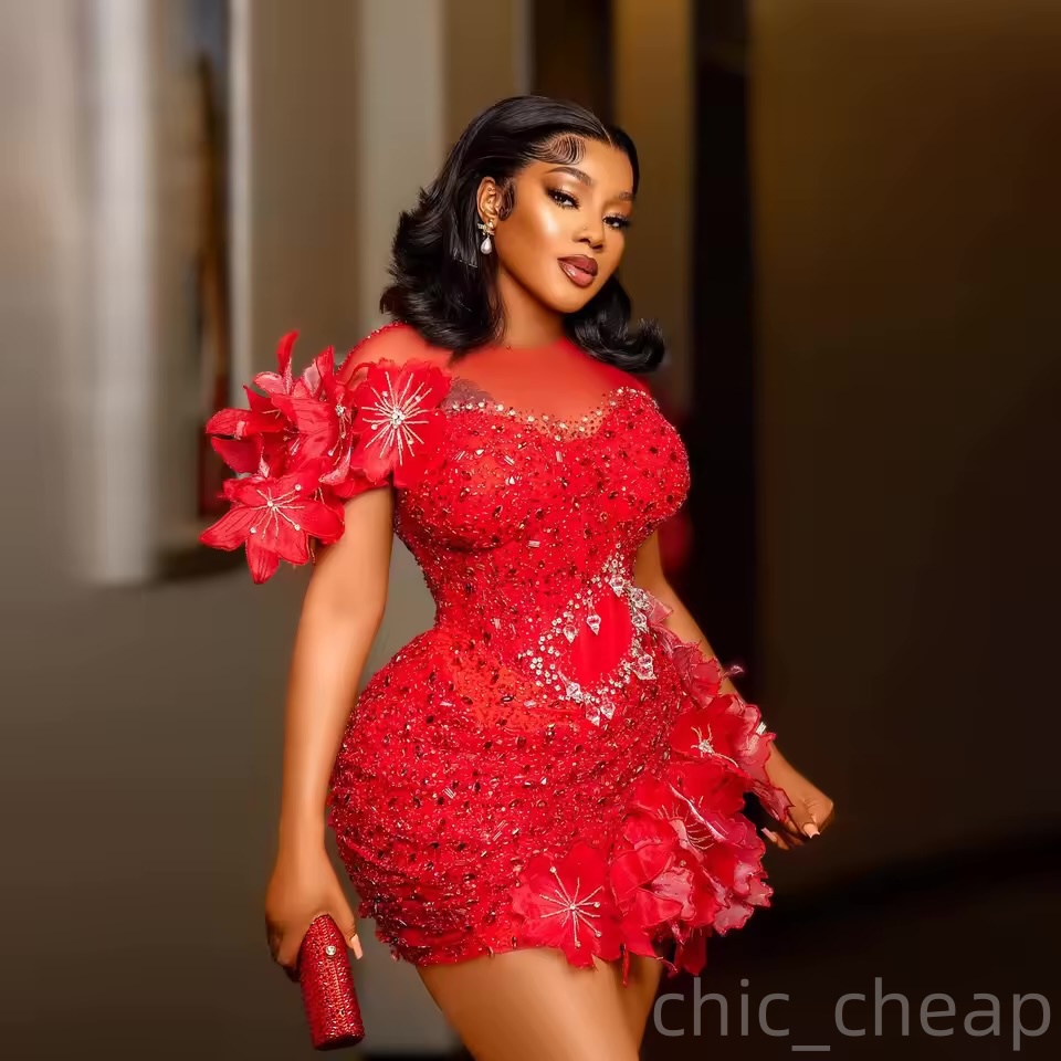 Chic Red Sheath Cocktail Dress Flowers Crystals Sequined Sheer Neck Short Mini Graduation Homecoming Dresses For Special Occasions Sweetheart Gowns