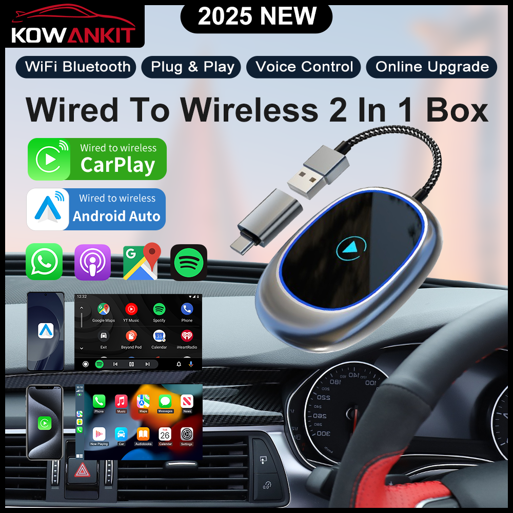 KOWANKIT Wireless CarPlay Android Auto Ai Box, Plug & Play Dongle Converts Wired To Wireless, Vehicle Multimedia Upgrade, No Delay, 2in1 Car Accessori