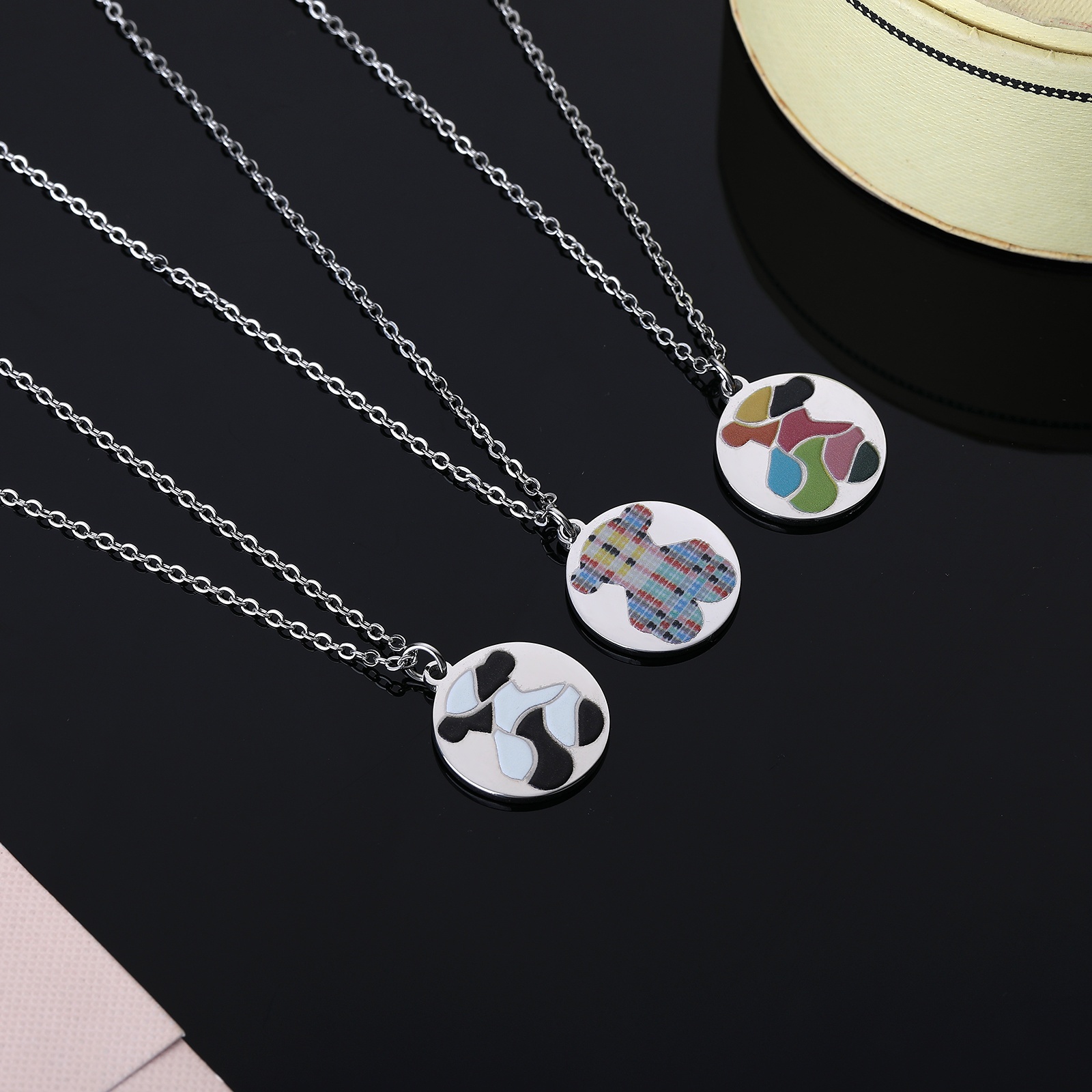 Hot Fashion Women Silver Gold Stainless Steel Bear Cartoon Animal Butterfly Color Drop Oil Pendant Circle Necklace Jewelry