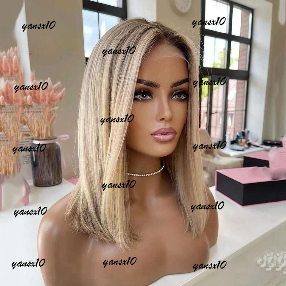 Brazilian Short Ash Blonde 360 Frontal Brown Highlight 13x4 Straight Bob Wig Lace Front Simulation Human Hair Wigs for Women 5e
