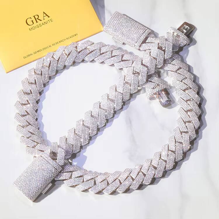 Heavy 4rows 20mm Width Cuban Link Chain 925 Solid Silver GRA Certificate Moissanite Hip Necklace Rapper Cuban Chain