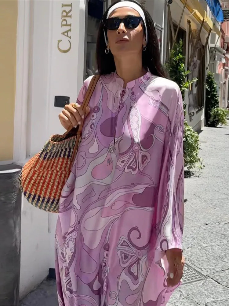 Geometric Print Satin Caftan Dress Wome Stand Collar Loose Hollow 2025 Fashion Elegant Vestido Holiday Party Vintage Robe 250829