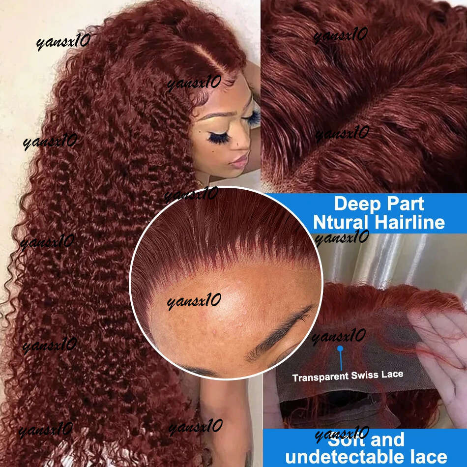220% Brazilian Deep Wave Glueless Wig 13x4 Human Hair Ready To Wear Curly Reddish Brown Synthetic Lace Frontal Wigs Preplucked for Women Pre Cut