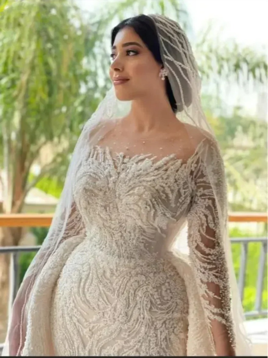 Stunning Arabic Dubai Long Sleeve Dresses With Detachable Train Beaded Mermaid Bride Wedding Gowns Sequined Lace Vestidos De Novia