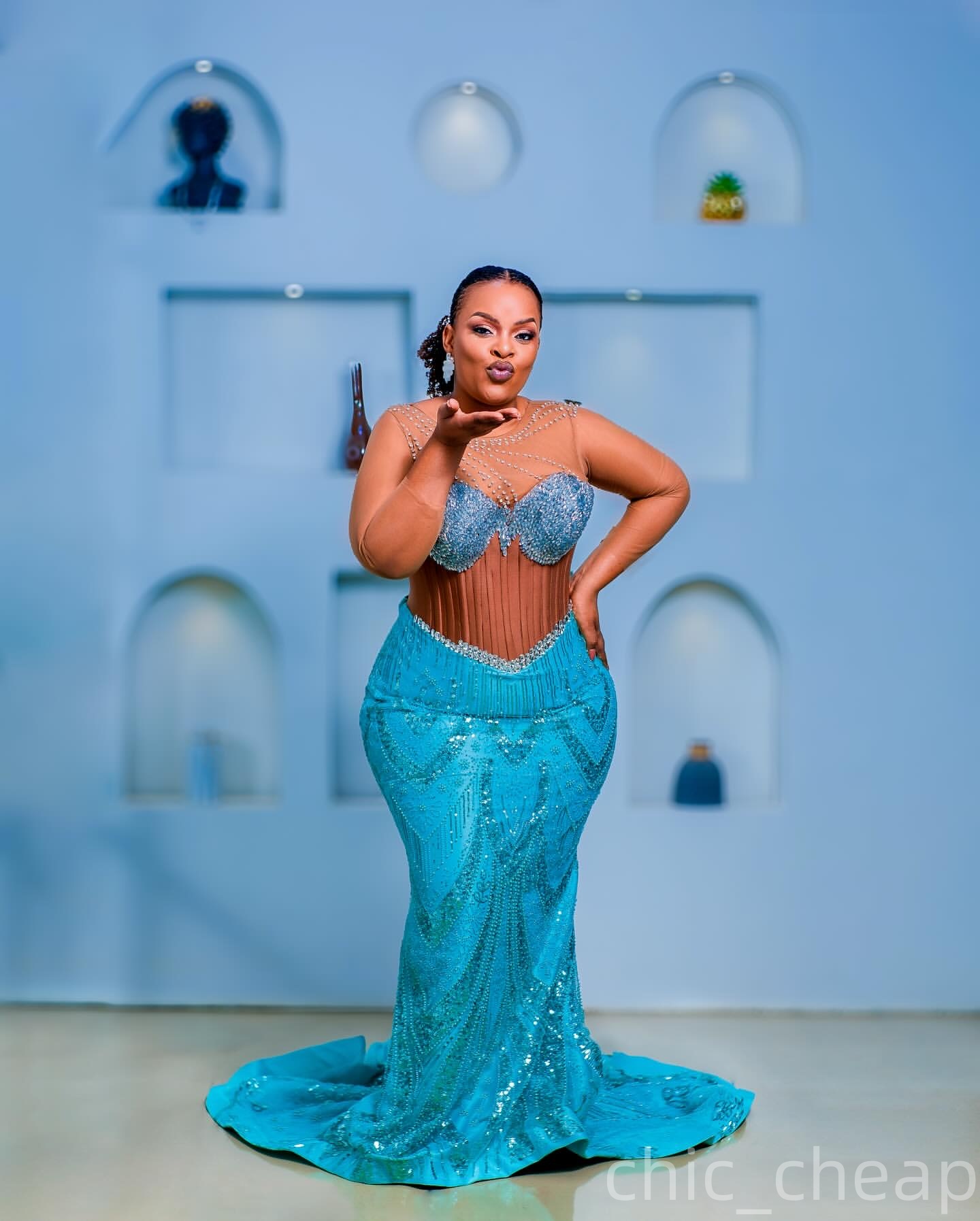 Aso Ebi Cerulean Blue Mermaid Prom Dress 2025 Beaded Crystals Sheer neck Evening Formal Party Birthday Dresses Robe De Sorrie Reception Gowns For Spec