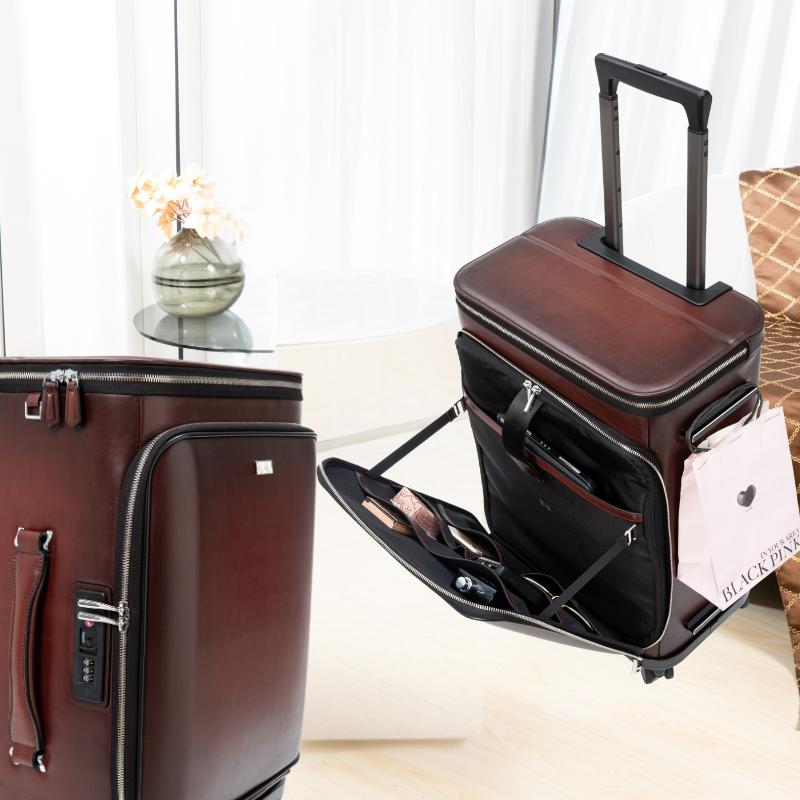 A new cross-border leather suitcase for men, a 20-inch multi-functional travel case with a front opening and a handle for business trips