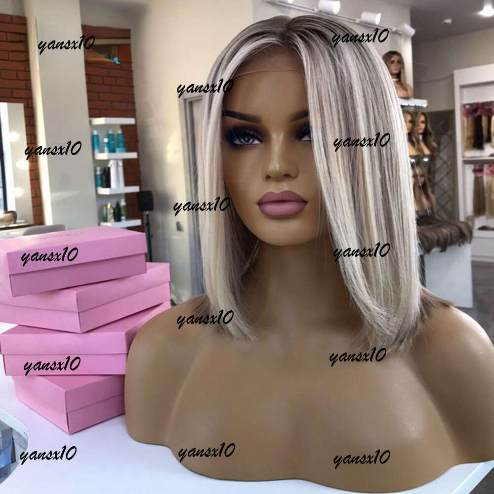 Peruvian Human Hair Ombre Ash Blonde Colored Short Bob 13x4 Lace Front Wig Gluelesse Cut Straight Synthetic Frontal Wigs For Women