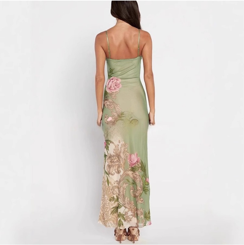 (679) Summer New Women's Suspender Style Printed Large Skirt Sexy Sleeveless Long Skirt