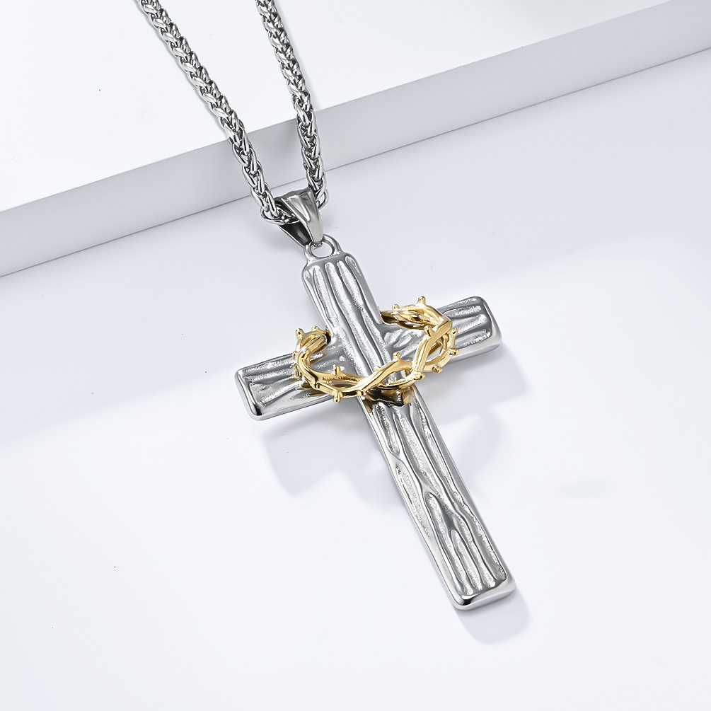 Luxury Brand Designer Jewelry Vintage Titanium Steel Flower Ring Cross Necklace Two-tone Wood Grain Stainless Steel Prayer Pendant Artistic Minimalist