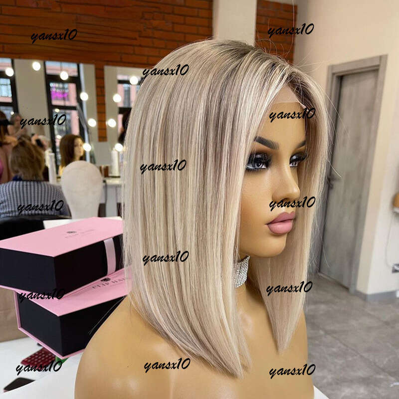 Peruvian Human Hair Ombre Ash Blonde Colored Short Bob 13x4 Lace Front Wig Gluelesse Cut Straight Synthetic Frontal Wigs For Women